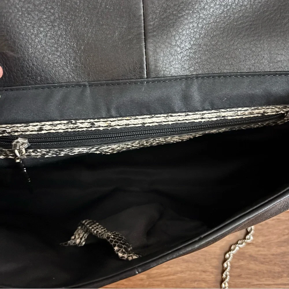 Tahari Black Leather Ruched Clutch Silver Chain Shoulder Bag